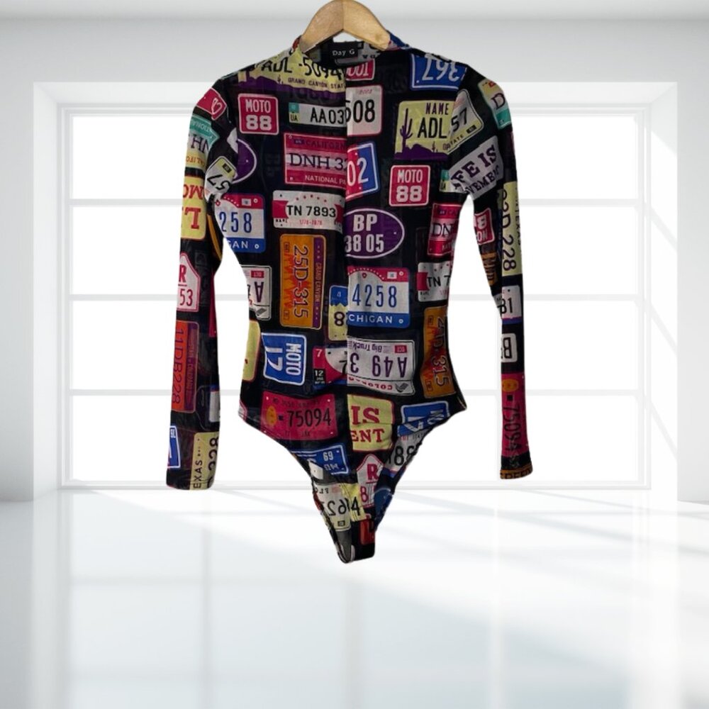 DAY G Retro Y2K License Plate Print Sheer Zipper Bodysuit Leotard - Rare Pop Art - Picture 2 of 12
